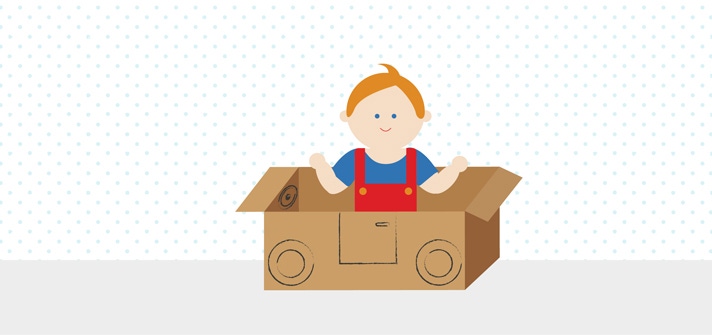 Dibujo animado de un niño jugando en una caja de cartón
