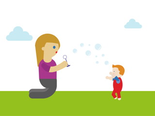 Dibujo animado de una mamá jugando con su hijo con burbujas de jabón